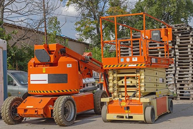 warehouse forklift in operation with stacked inventory in Crownsville MD